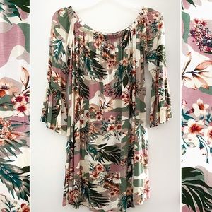 Amelia James tropical camo + floral summer dress, pink olive